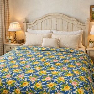 Martha Stewart Quilt King Size Yellow Blue Floral Cotton Reversible